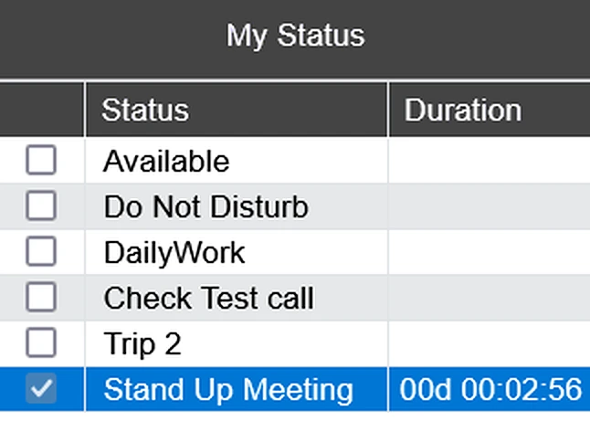 My Status panel listing Available, Do Not Disturb and custom statuses DailyWork, Check Test call, Trip 2 and Stand Up Meeting, with Stand Up Meeting selected and its duration