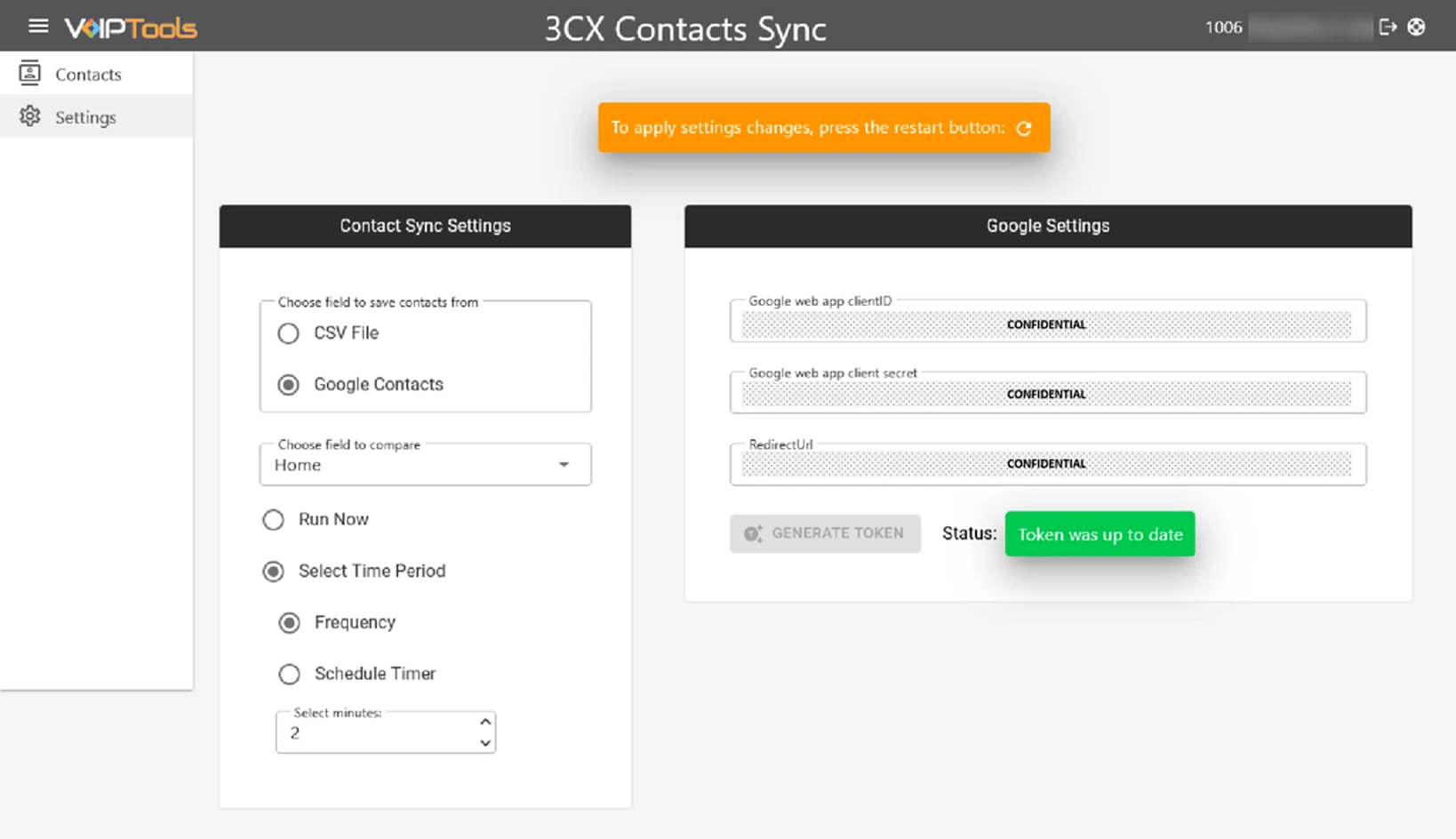 Contacts Sync Settings screen: Google Contacts selected as the source, Home as the field to compare, a sync every 2 minutes, and Google Settings with the token status Token was up to date