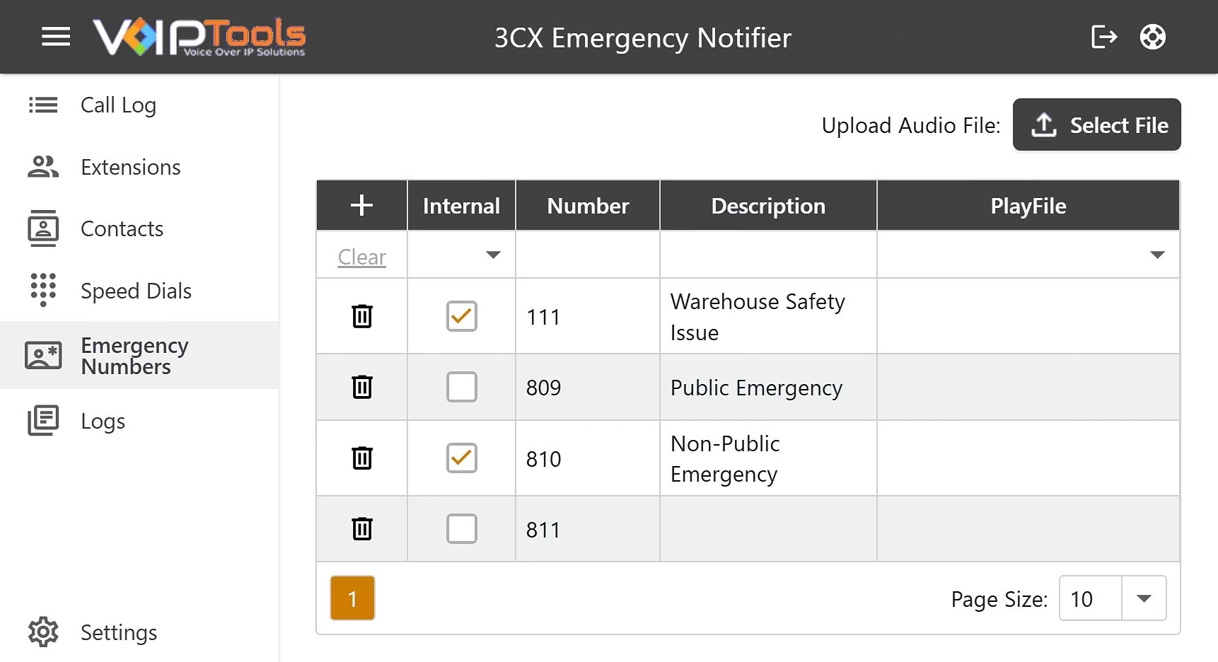 The Emergency Numbers list, with internal numbers 111 Warehouse Safety Issue and 810 Non-Public Emergency, and 809 Public Emergency