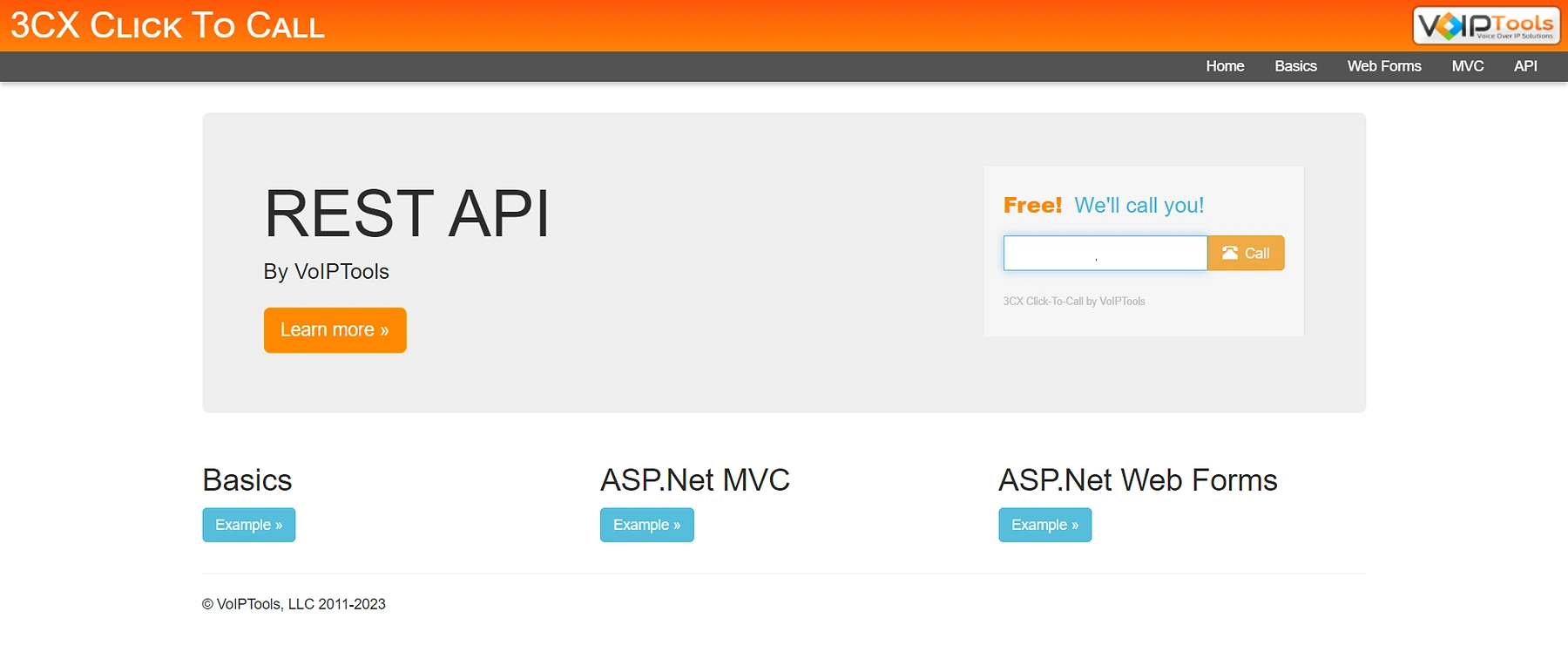 The Click to Call sample website: a callback panel with a phone number box and a Call button, and example pages for Basics, ASP.Net MVC and ASP.Net Web Forms