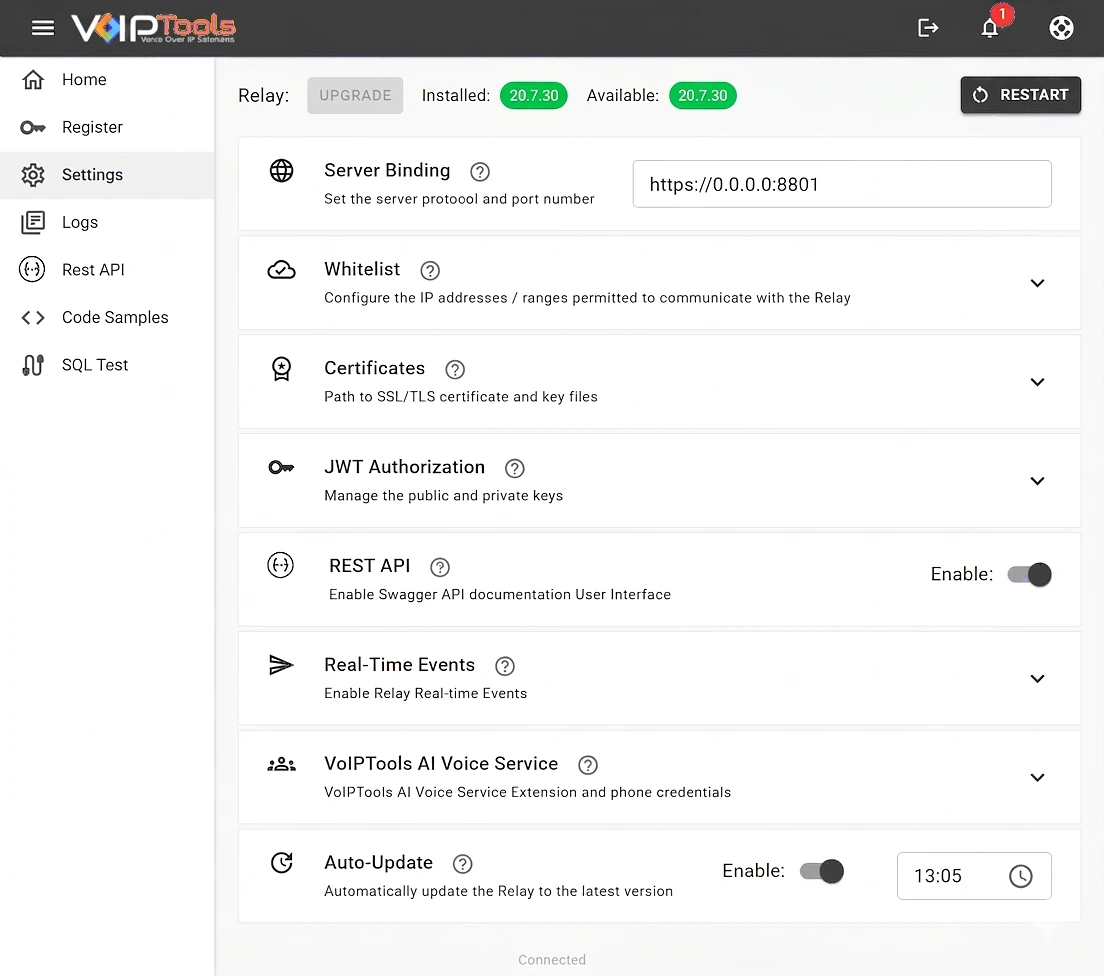 The Relay Settings screen with Server Binding set to https://0.0.0.0:8801, and sections for Whitelist, Certificates, JWT Authorization, REST API, Real-Time Events, VoIPTools AI Voice Service and Auto-Update