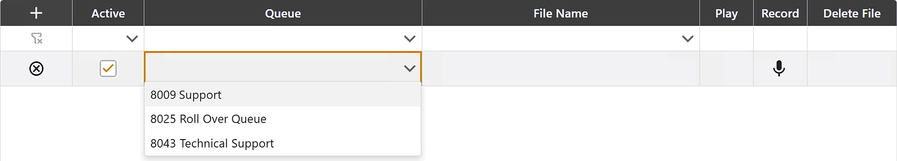 Agent Greetings page with a new row and the Queue list open, showing three queues