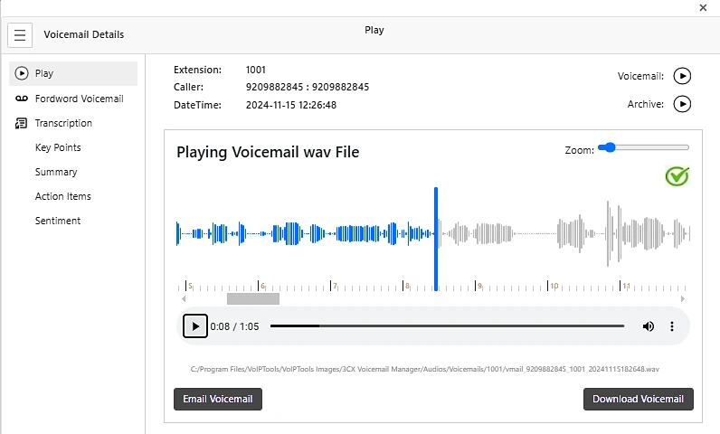 Voicemail Details window playing a voicemail, with a waveform, playback controls, a green check mark, and Email Voicemail and Download Voicemail buttons