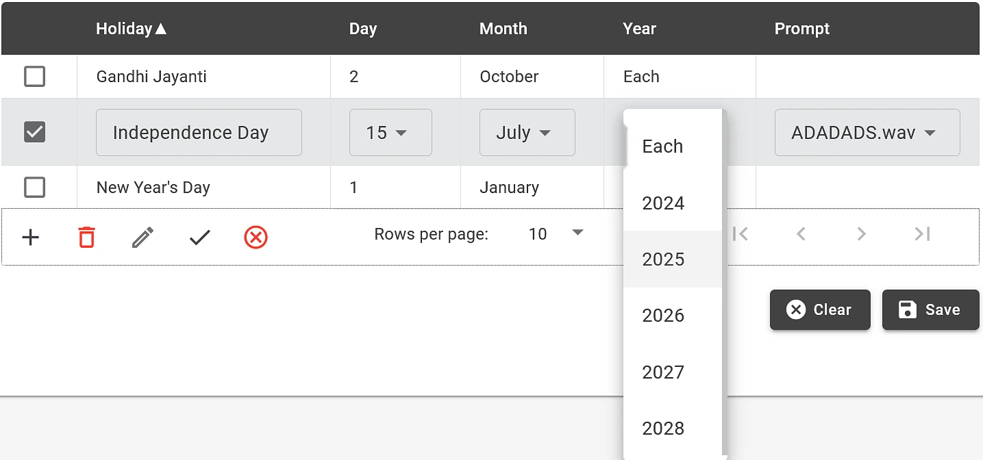 Editing Independence Day in the holiday list, with the Year menu open showing Each above the years 2024 to 2028