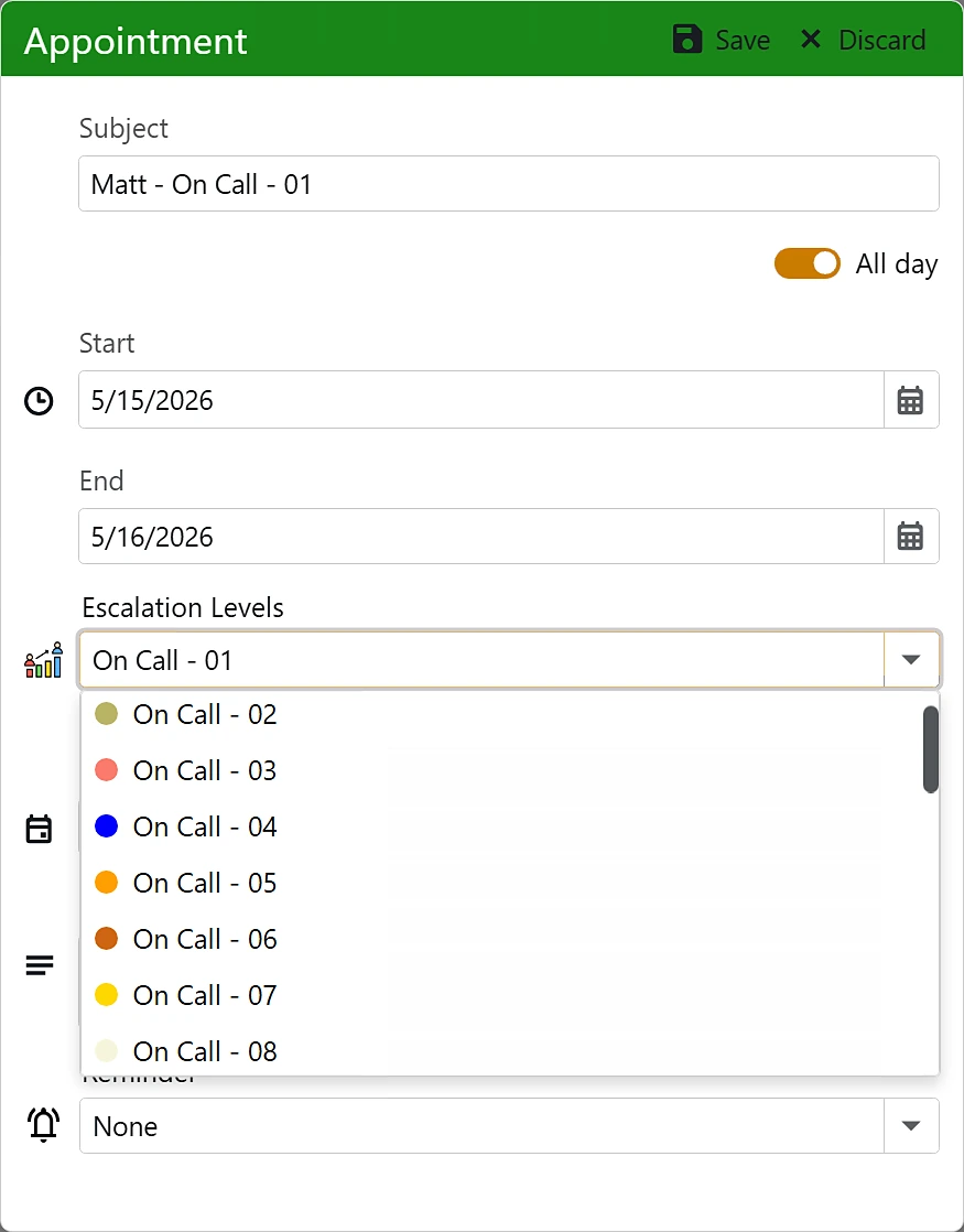 An on-call appointment with the escalation level list open, from On Call 01 to On Call 08