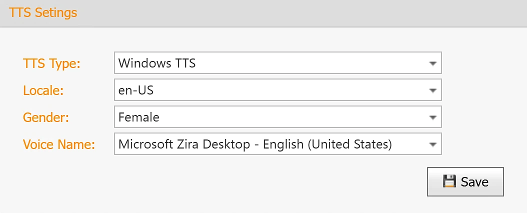TTS settings panel with TTS Type set to Windows TTS, and Locale, Gender and Voice Name fields