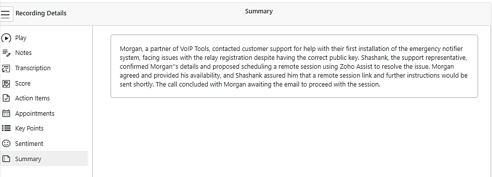 An AI summary of a support call in the Recording Details window