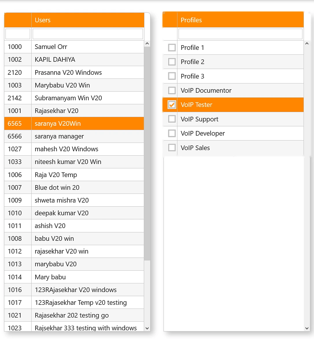 Profile Manager Users screen with a user selected in the Users list, the VoIP Tester profile ticked in the Profiles list