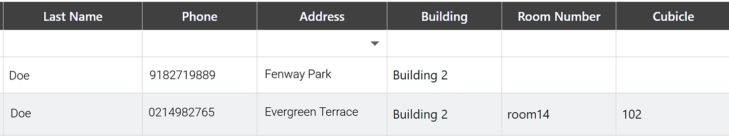 Part of the Extensions list, showing last name, phone, address, building, room number and cubicle for two users