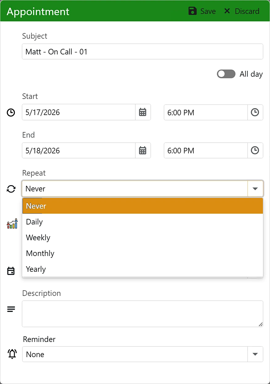 An on-call appointment with its repeat options: daily, weekly, monthly or yearly