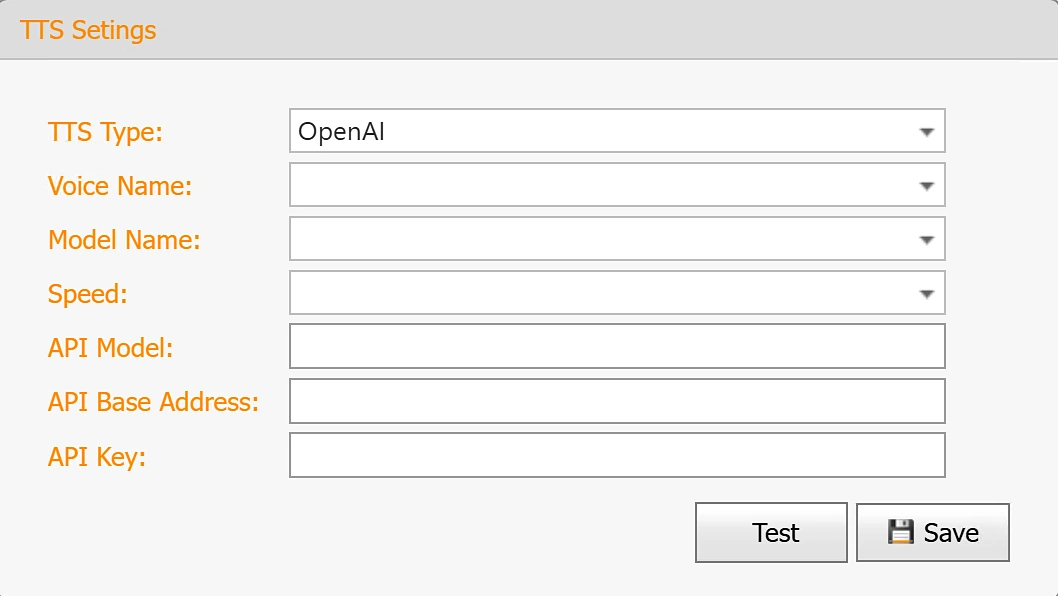 TTS settings panel with TTS Type set to OpenAI, and Voice Name, Model Name, Speed, API Model, API Base Address and API Key fields