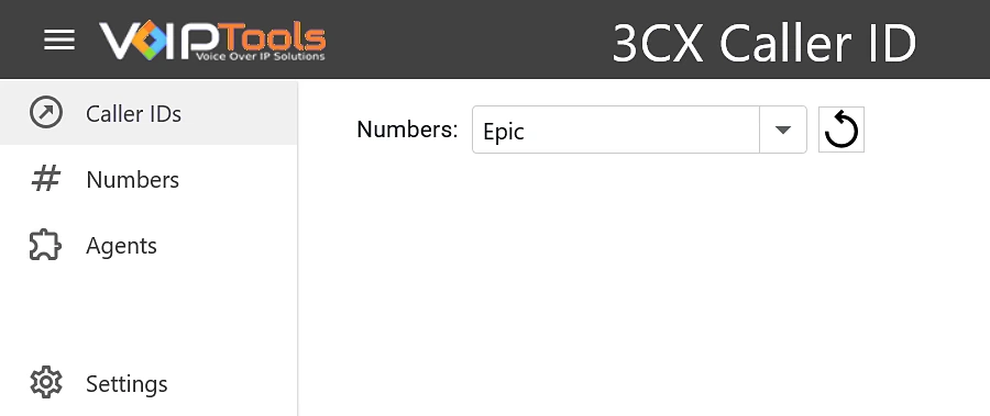 The Caller IDs screen in the Caller ID web app: the Numbers list set to Epic, with the Revert button beside it