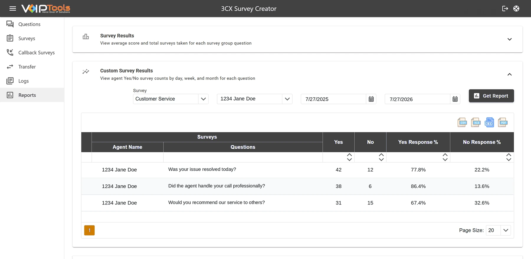 Survey Creator Reports page with the Custom Survey Results report for one agent, listing three questions with Yes and No counts and response percentages, and export buttons