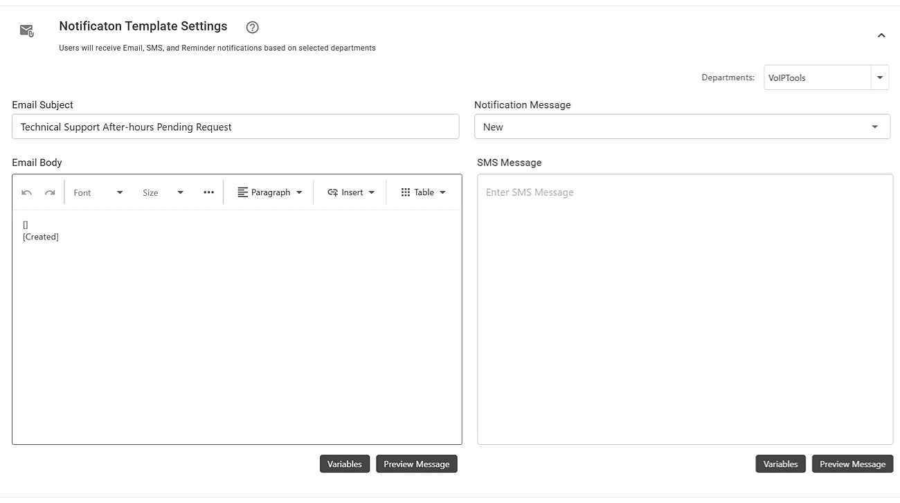Notification template settings with email and SMS message editors