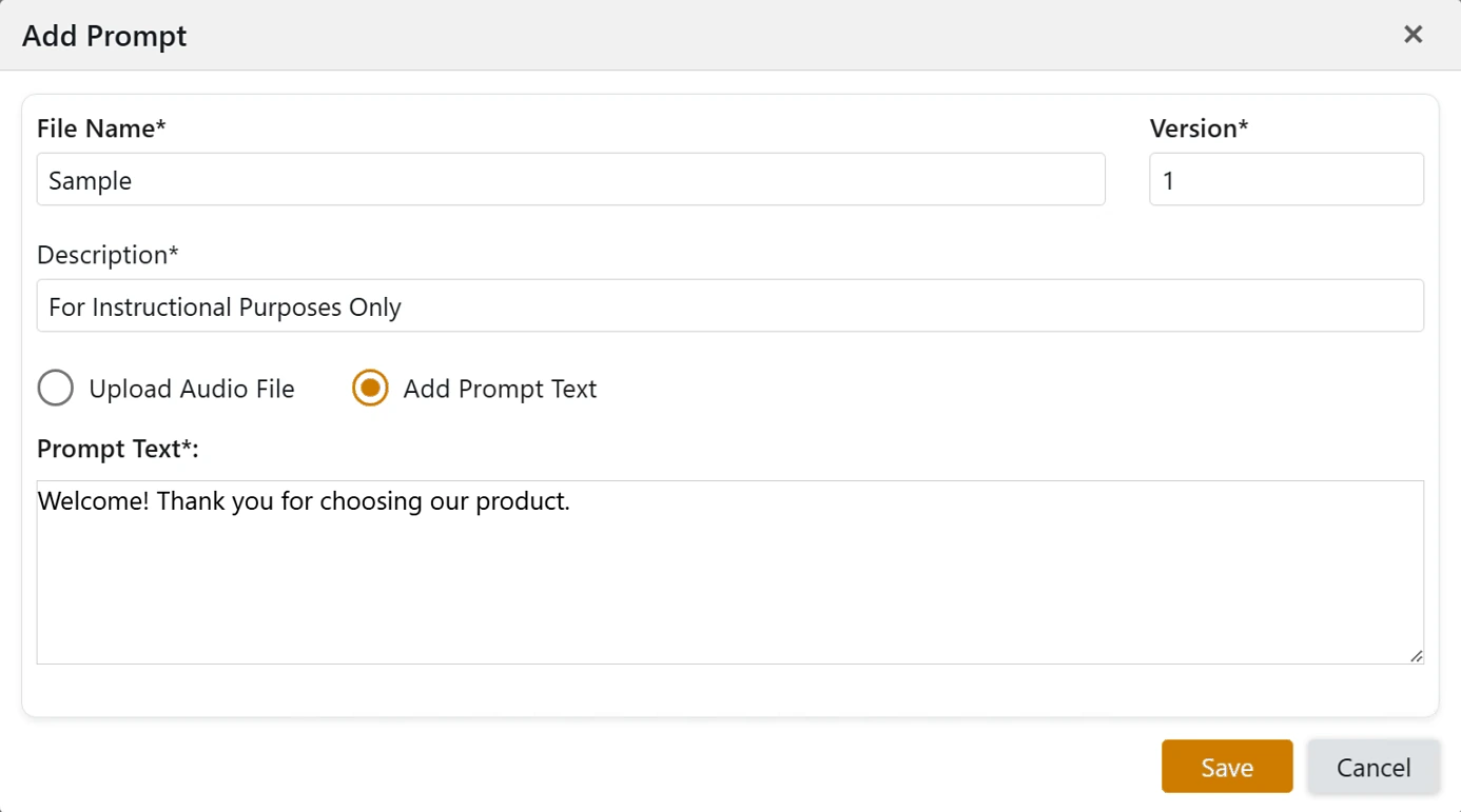 Add Prompt window with File Name, Version, Description and a choice of Upload Audio File or Add Prompt Text