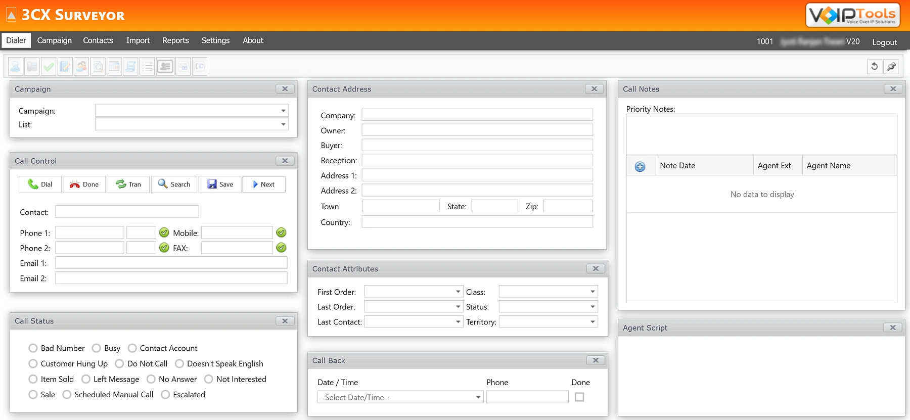 Surveyor Dialer screen with the Campaign, Call Control, Call Status, Contact Address, Contact Attributes, Call Back, Call Notes and Agent Script widgets