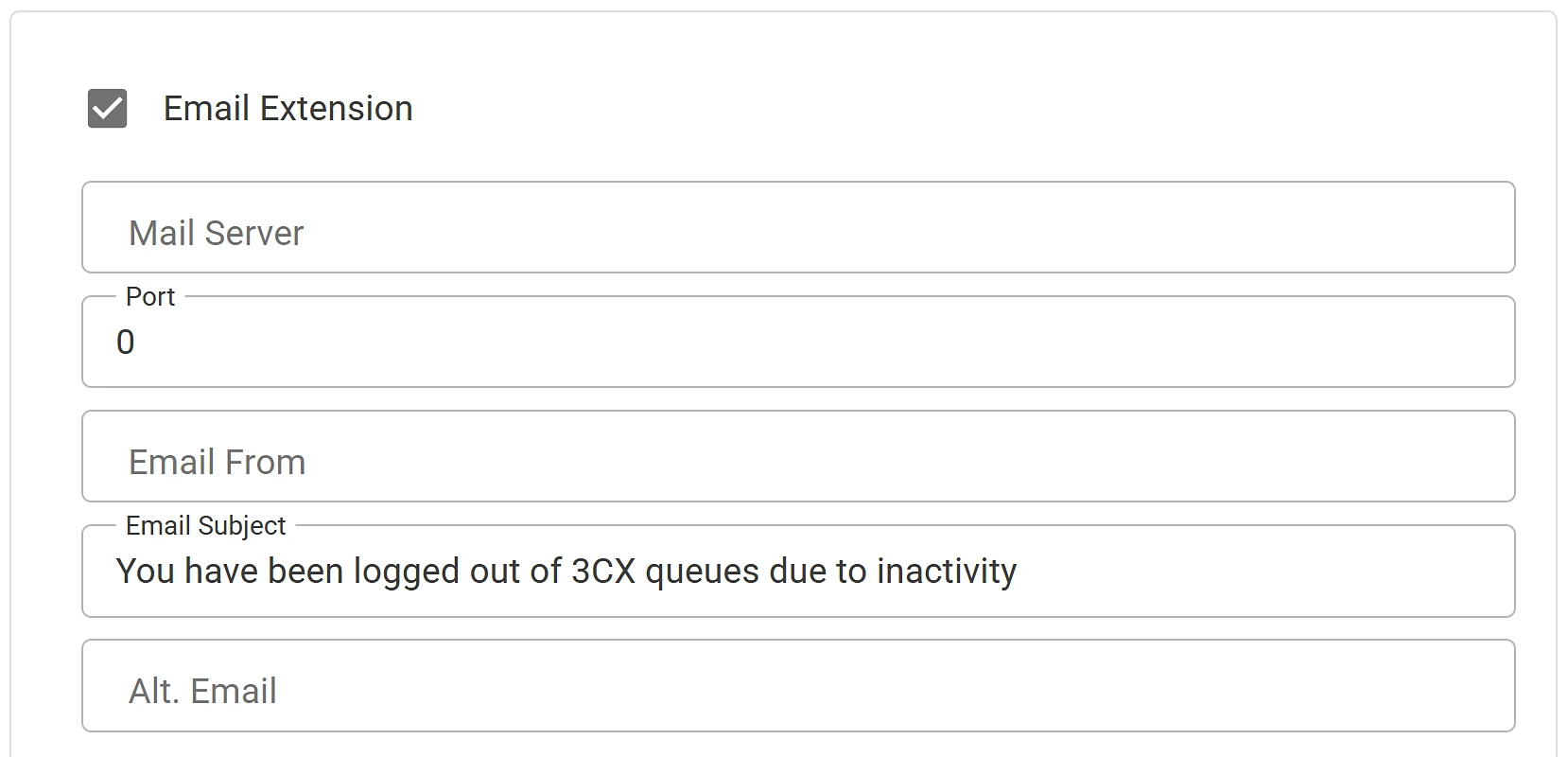Email Server Settings with the Email Extension box checked, Mail Server, Port and Email From fields, the Email Subject set to You have been logged out of 3CX queues due to inactivity, and an Alt. Email field