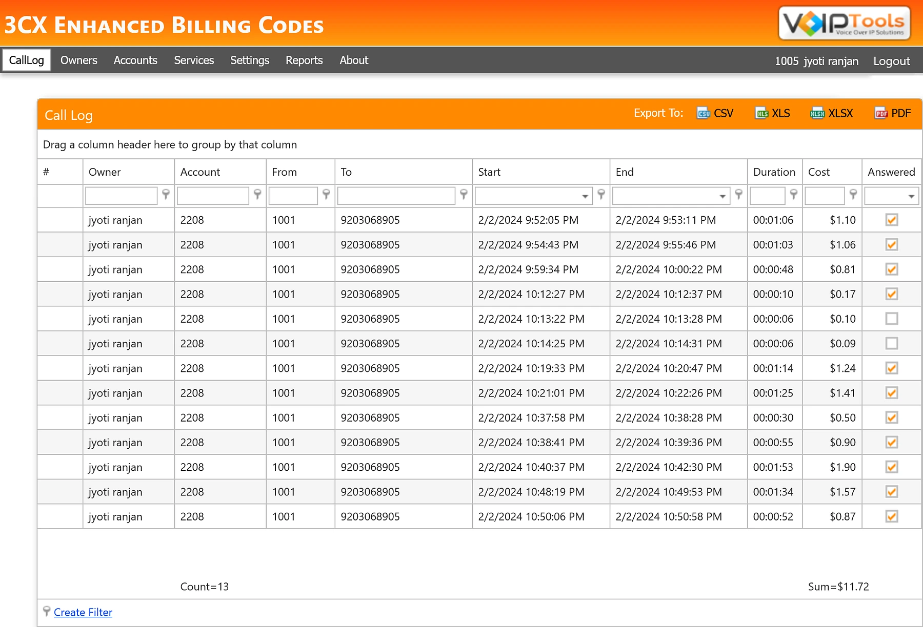 Enhanced Billing Codes Call Log screen listing calls with owner, account, from, to, start, end, duration, cost and answered columns, a cost sum, and export buttons for CSV, XLS, XLSX and PDF