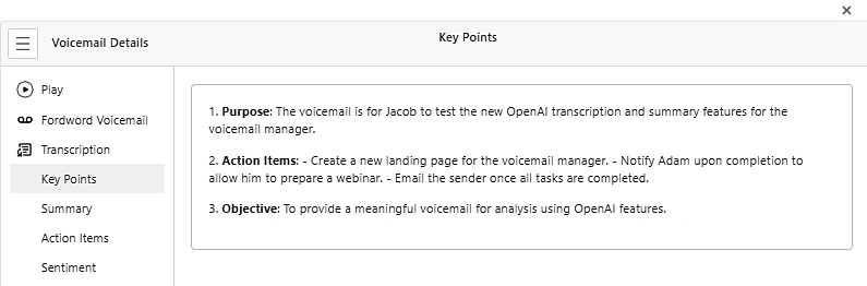 Key Points tab listing the purpose, action items and objective of a voicemail