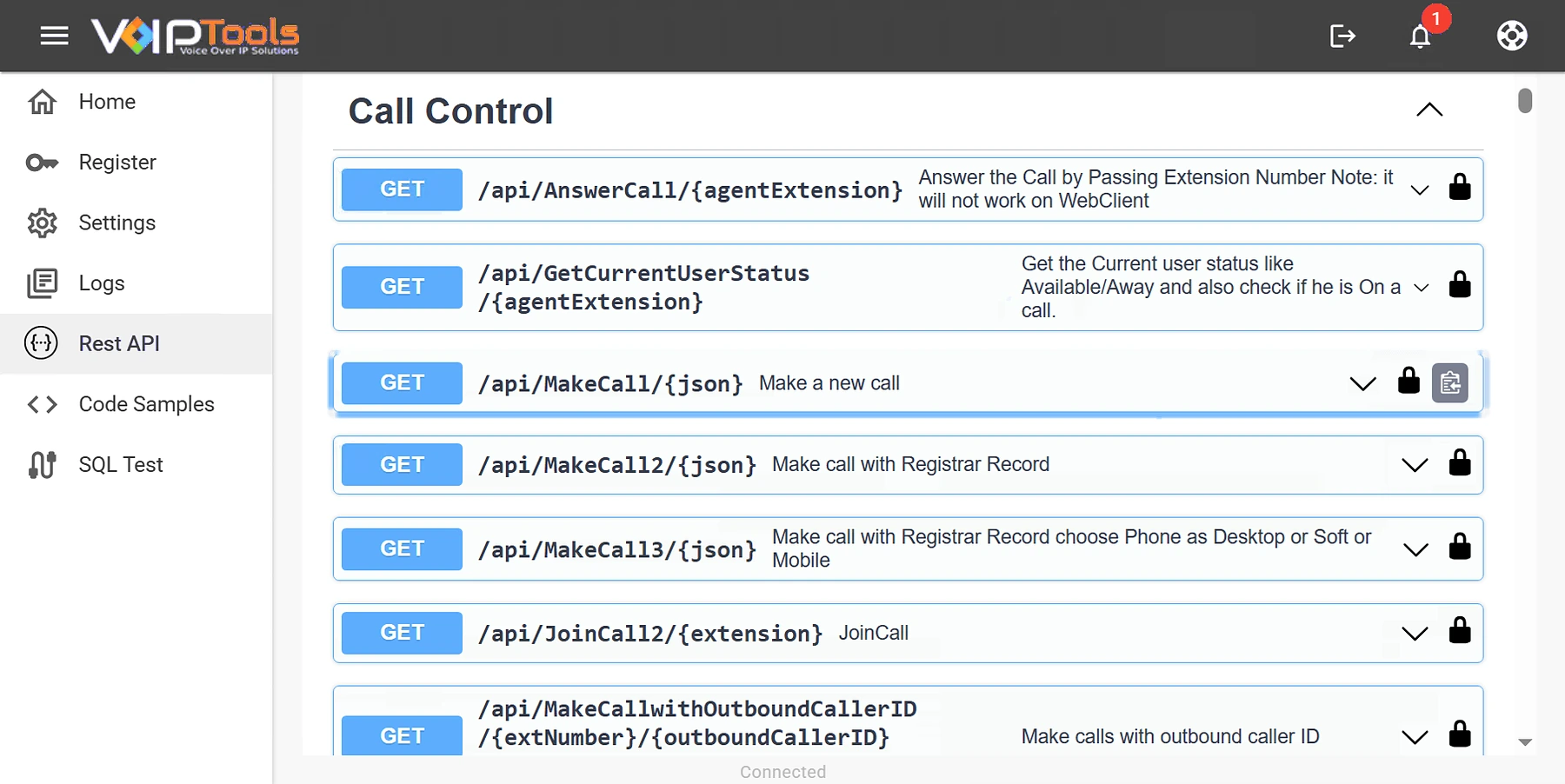 The Relay's REST API screen, Call Control section, listing methods such as AnswerCall, GetCurrentUserStatus, MakeCall, MakeCall2, MakeCall3, JoinCall2 and MakeCallwithOutboundCallerID