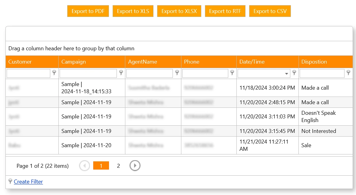 Surveyor Call Report with export buttons for PDF, XLS, XLSX, RTF and CSV, and columns for customer, campaign, agent name, phone, date and time and disposition