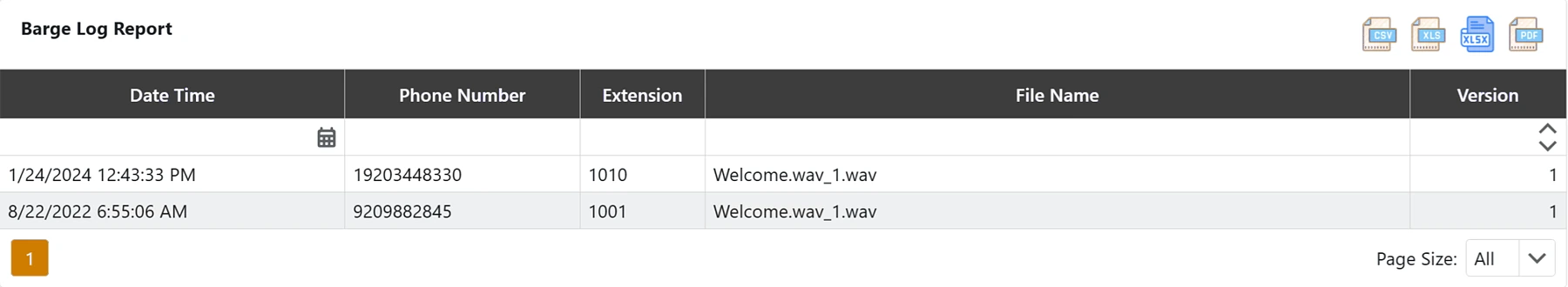 Barge Log Report with Date Time, Phone Number, Extension, File Name and Version columns and export buttons