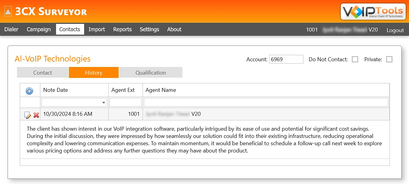 Contacts screen History tab for a company, with a dated note, the agent's extension and name, and Do Not Contact and Private boxes