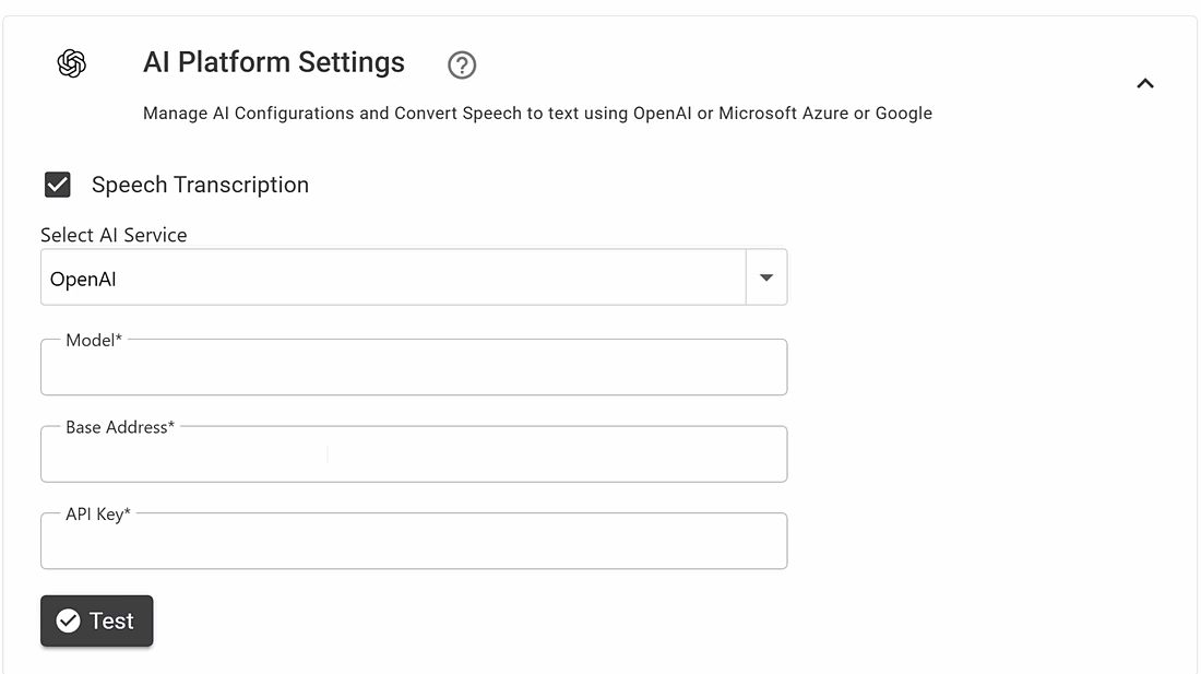 AI platform settings with speech transcription turned on and OpenAI selected