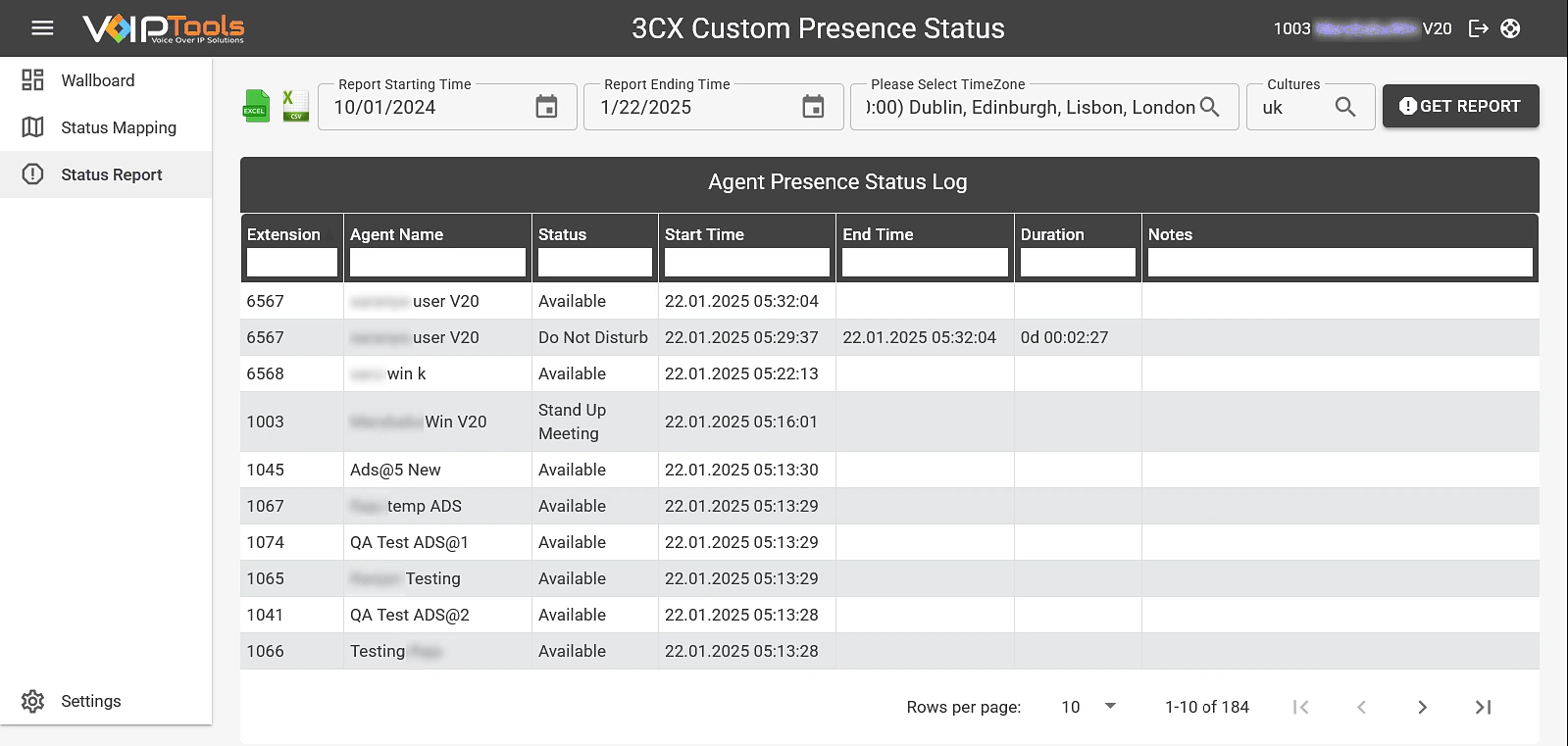 Custom Presence Status Report: an Agent Presence Status Log with extension, agent name, status, start time, end time, duration and notes, with date range, time zone and culture filters and Excel and CSV export icons