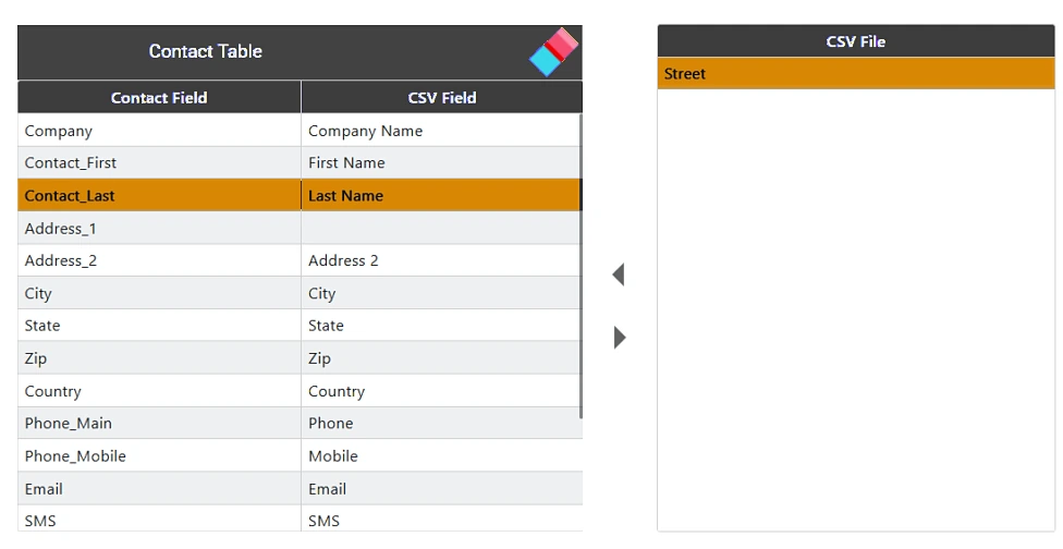 Import screen Contact Table matching contact fields such as Company, Contact_First, Contact_Last, City, Phone_Main and Email to columns from a CSV file