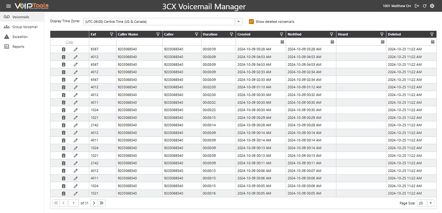 The Voicemails page of Voicemail Manager, listing each voicemail with its extension, caller, duration and the dates it was created, notified, heard and deleted