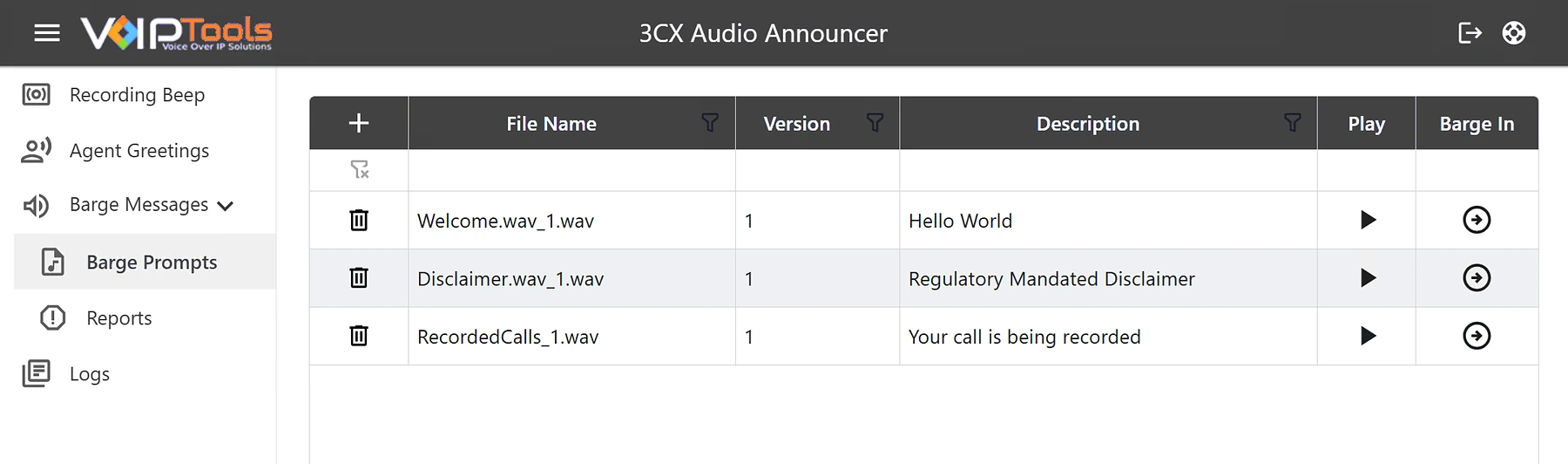 The Audio Announcer console: Recording Beep, Agent Greetings and Barge Messages in the side menu, and the Barge Prompts library with file name, version, description, Play and Barge In for each saved message