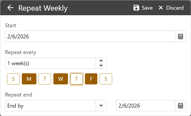 Repeat Weekly window set to repeat every week on Monday, Wednesday and Friday, with a start date and an end date