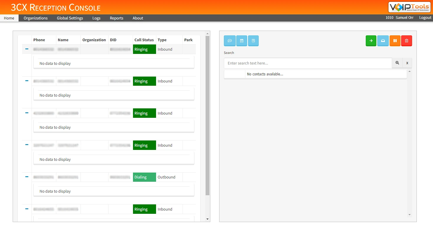 The Reception Console Home screen, with ringing inbound calls listed on the left and action buttons, contact search and the contact list on the right