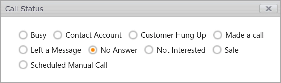 Call Status widget with statuses including Busy, Customer Hung Up, Left a Message, No Answer, Not Interested, Sale and Scheduled Manual Call