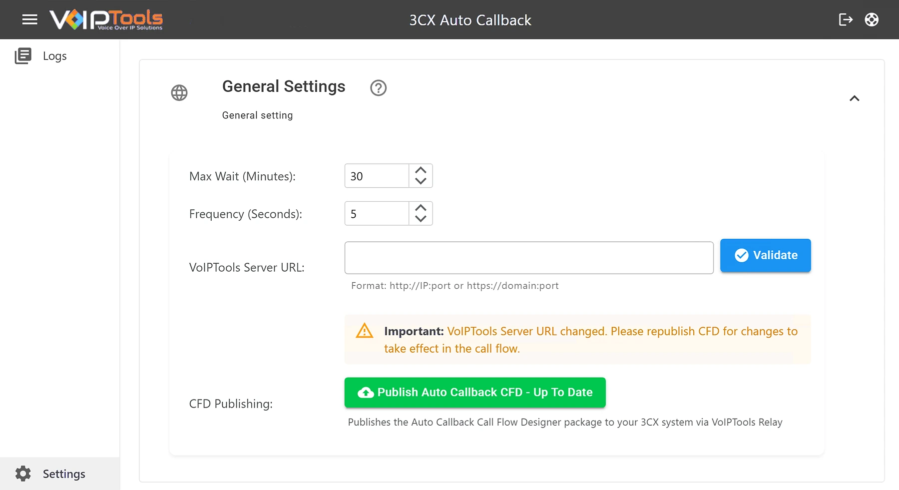 Auto Call Back General Settings with Max Wait set to 30 minutes, Frequency set to 5 seconds, a VoIPTools Server URL field with a Validate button, and a Publish Auto Callback CFD button