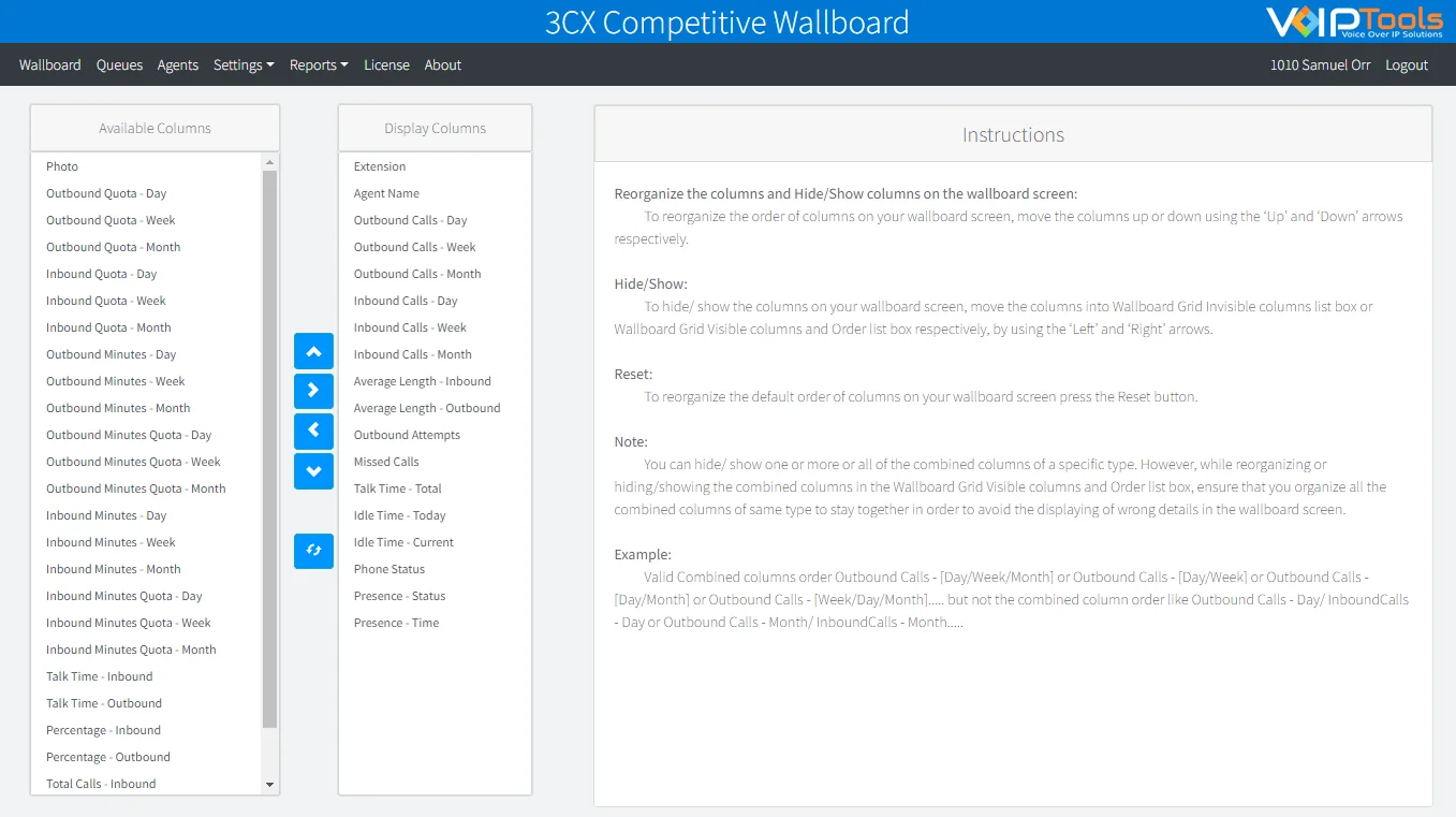 Competitive Wallboard Settings, Grid Columns: lists of available and displayed columns with arrows to move them, and instructions