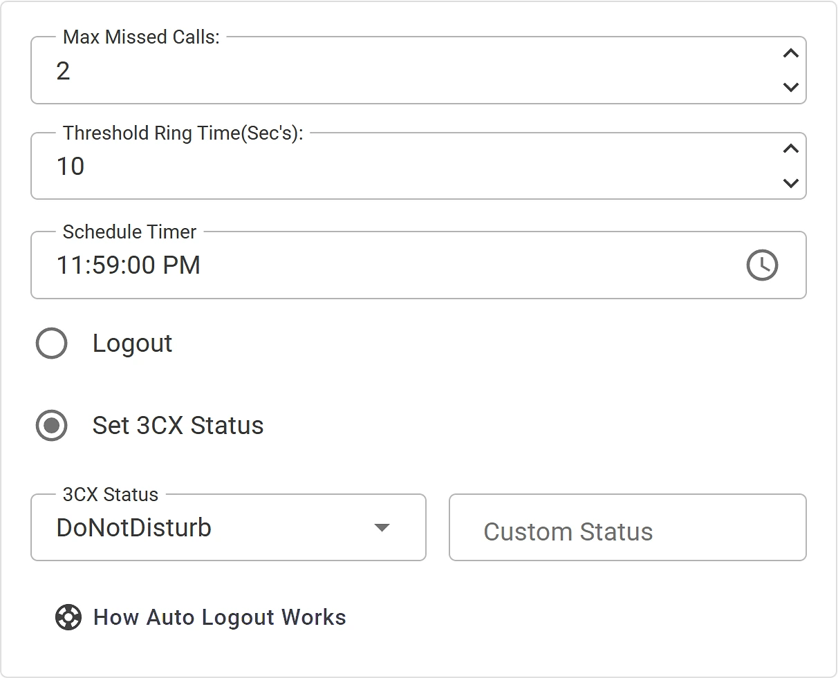 Queue Auto Logout Settings with Max Missed Calls set to 2, Threshold Ring Time of 10 seconds, a Schedule Timer of 11:59 PM, Logout and Set 3CX Status options, and a 3CX Status list set to DoNotDisturb next to a Custom Status field