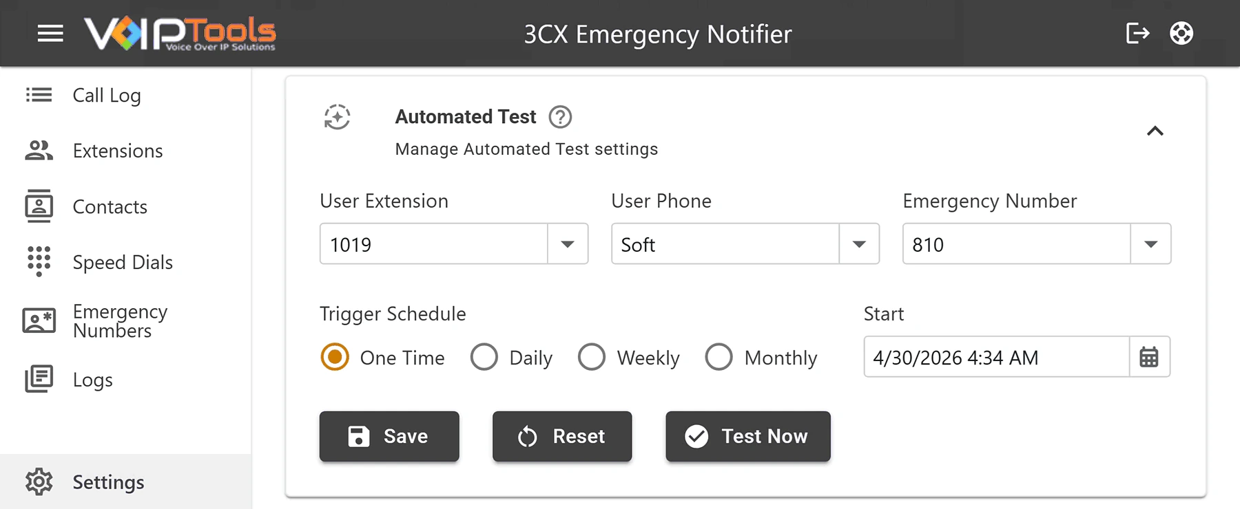 The Automated Test settings with user extension, user phone, emergency number, a one time, daily, weekly or monthly schedule, and Save, Reset and Test Now buttons