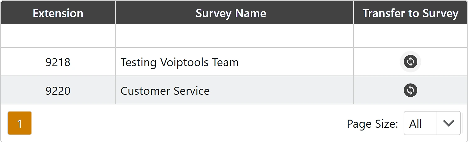 Transfer page table with two surveys listed by extension and survey name, each with a Transfer to Survey icon