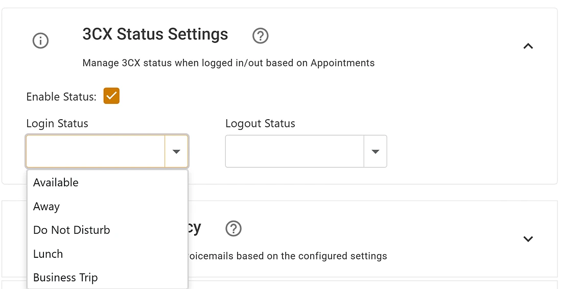 3CX status settings with the login status list open